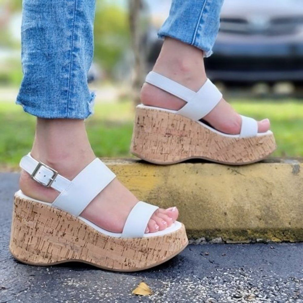 Women's High Platform Ankle Strap Wedge White Color